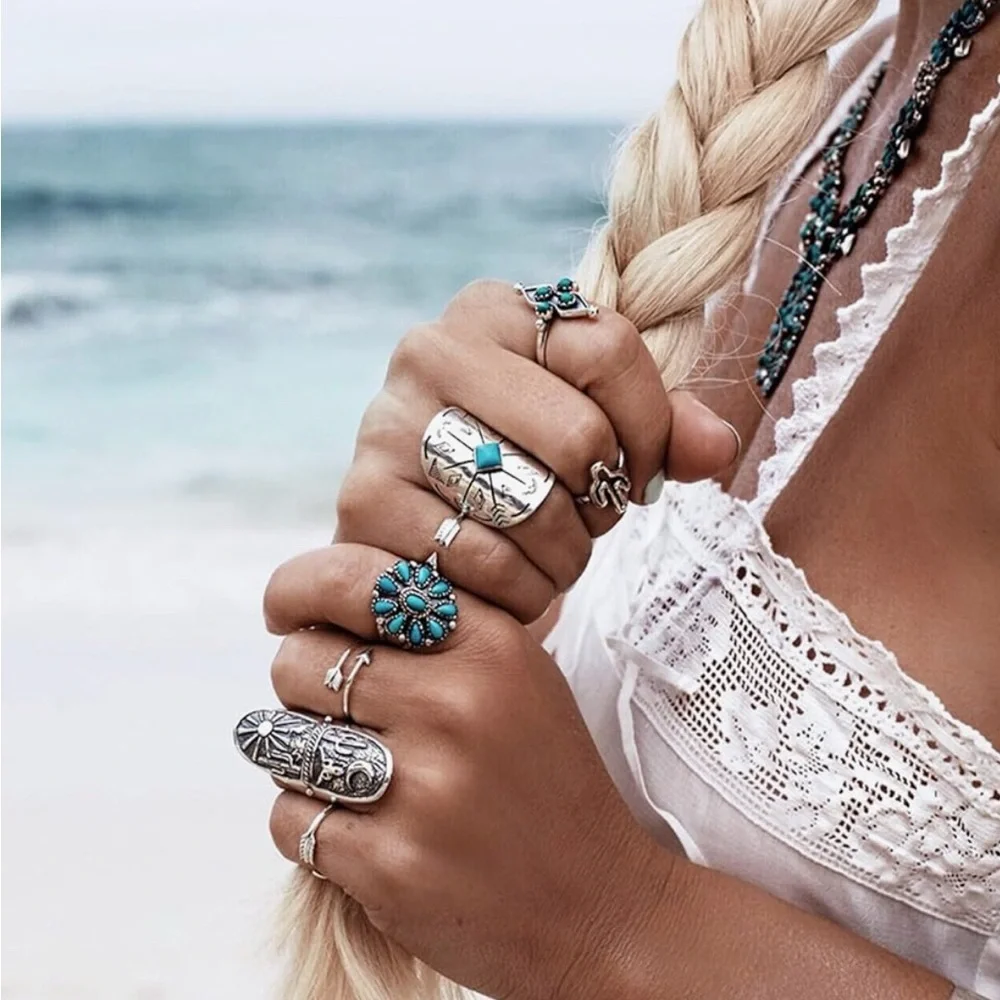 Turquoise and Silver Bohemian Ring Set